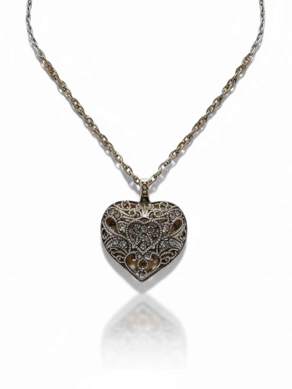 Filigree Heart Necklace in Silver-tone Long Drop